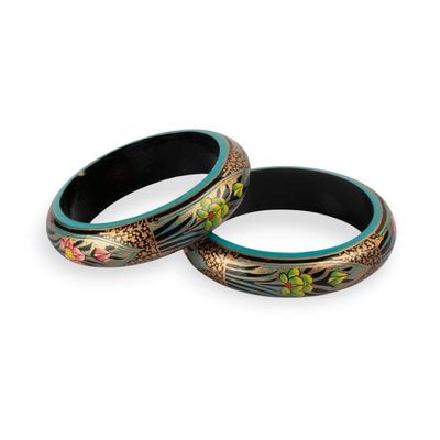 Alternate image for Spring-Themed Golden and Blue Wood Bangle Bracelet Pair Golden Damsel