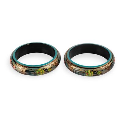 Alternate image for Spring-Themed Golden and Blue Wood Bangle Bracelet Pair Golden Damsel