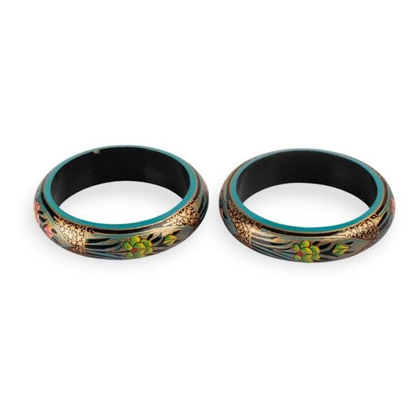 Alternate image for Spring-Themed Golden and Blue Wood Bangle Bracelet Pair Golden Damsel