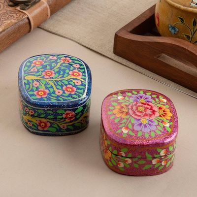 Alternate image for 2 Wood and Papier Mache Decorative Boxes with Floral Designs Blossom Gleam
