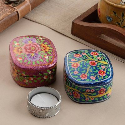 Alternate image for 2 Wood and Papier Mache Decorative Boxes with Floral Designs Blossom Gleam
