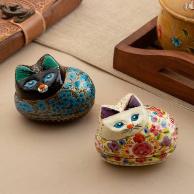 Alternate image for 2 Cat Floral-Themed Lacquered Papier Mache Decorative Boxes Enchanting Felines