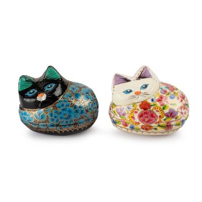 Alternate image for 2 Cat Floral-Themed Lacquered Papier Mache Decorative Boxes Enchanting Felines