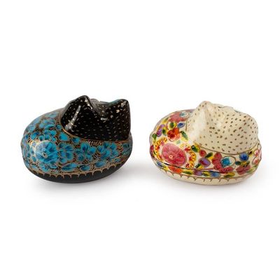 Alternate image for 2 Cat Floral-Themed Lacquered Papier Mache Decorative Boxes Enchanting Felines