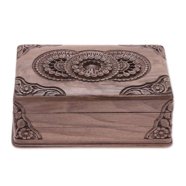 Alternate image for Hand Carved Wood Jewelry Box Floral Mandalas