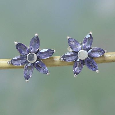 Alternate image for Iolite Earrings Hand Crafted Sterling Silver Button Jewelry Ocean Daisy