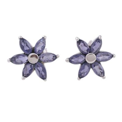 Alternate image for Iolite Earrings Hand Crafted Sterling Silver Button Jewelry Ocean Daisy
