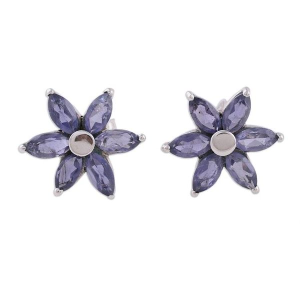 Alternate image for Iolite Earrings Hand Crafted Sterling Silver Button Jewelry Ocean Daisy