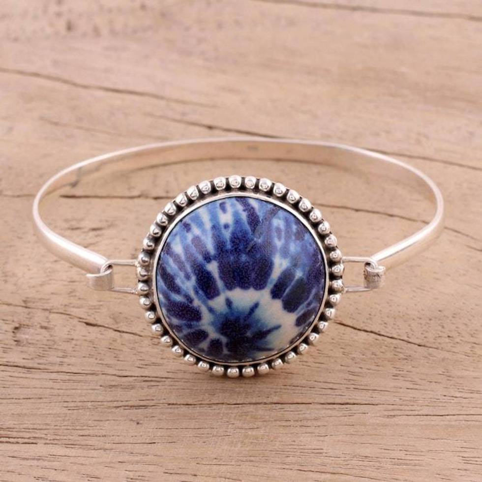 Blue Ceramic and Sterling Silver Pendant Bracelet from India 'Blue Enchantment'