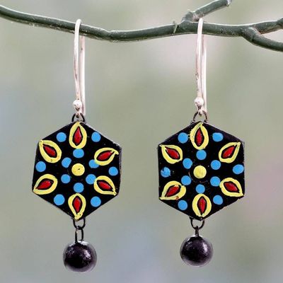 Primary image for Handmade Black and Multicolor Ceramic Dangle Earrings Mughal Midnight