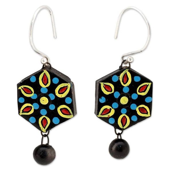 Alternate image for Handmade Black and Multicolor Ceramic Dangle Earrings Mughal Midnight
