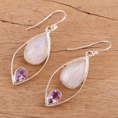 Alternate image for Dangle Earrings with Rainbow Moonstone and Amethyst Marquise Marriage