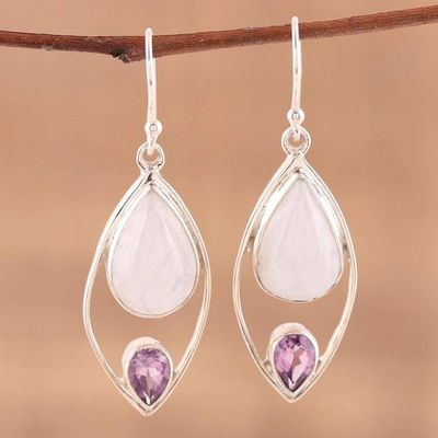 Alternate image for Dangle Earrings with Rainbow Moonstone and Amethyst Marquise Marriage
