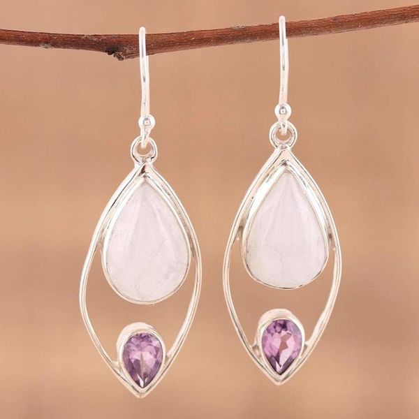 Alternate image for Dangle Earrings with Rainbow Moonstone and Amethyst Marquise Marriage