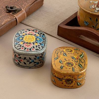 Alternate image for 2 Silver and Golden-Hued Wood Papier Mache Decorative Boxes Garden Gleam
