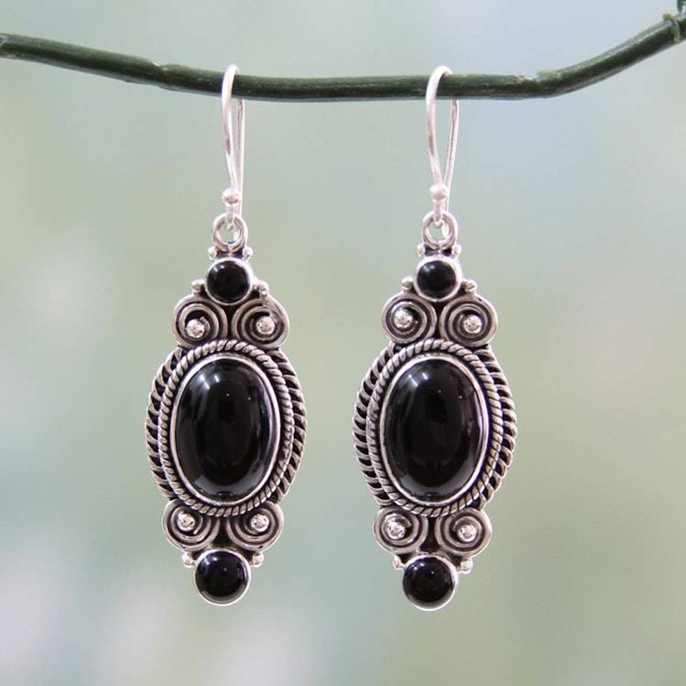 Hand Made Black Onyx and Silver 925 Hook Style Earrings 'Johari Night'