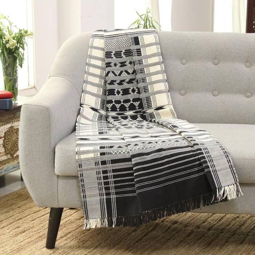 Cotton Striped Throw from India 'Monochrome Symmetry'