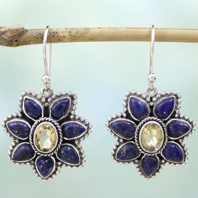 Alternate image for Lapis Lazuli Citrine Floral Dangle Earrings from India Geranium Blossoms