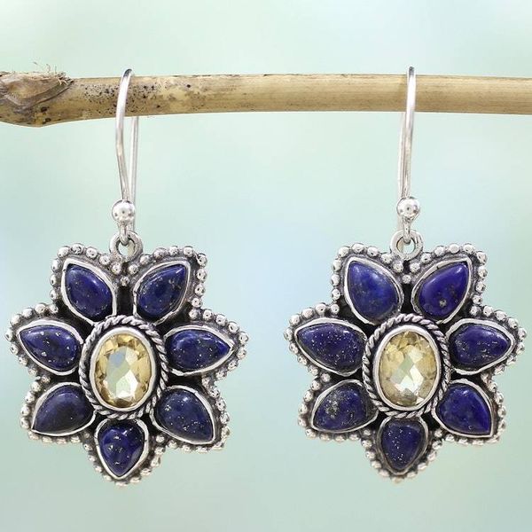 Alternate image for Lapis Lazuli Citrine Floral Dangle Earrings from India Geranium Blossoms