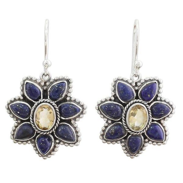 Alternate image for Lapis Lazuli Citrine Floral Dangle Earrings from India Geranium Blossoms
