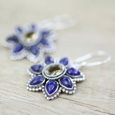 Alternate image for Lapis Lazuli Citrine Floral Dangle Earrings from India Geranium Blossoms