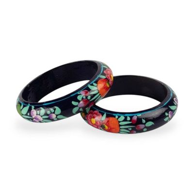 Alternate image for Floral Weeping Willow Wood Bangle Pair in Midnight Blue Hues Nocturne Flora