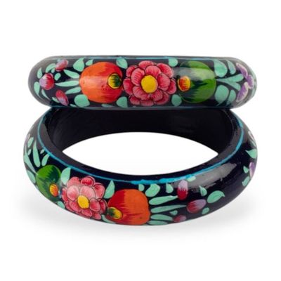 Alternate image for Floral Weeping Willow Wood Bangle Pair in Midnight Blue Hues Nocturne Flora