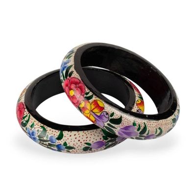 Alternate image for Hand-Painted Floral Weeping Willow Wood Bangle Bracelet Pair Spring Meadows