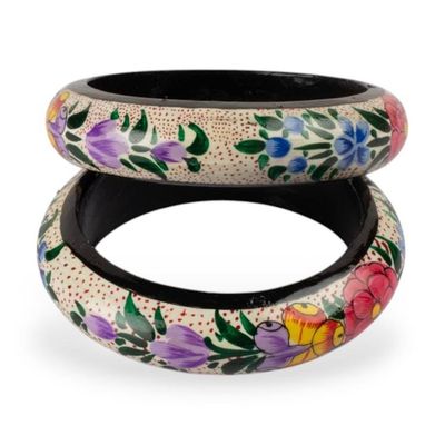 Alternate image for Hand-Painted Floral Weeping Willow Wood Bangle Bracelet Pair Spring Meadows
