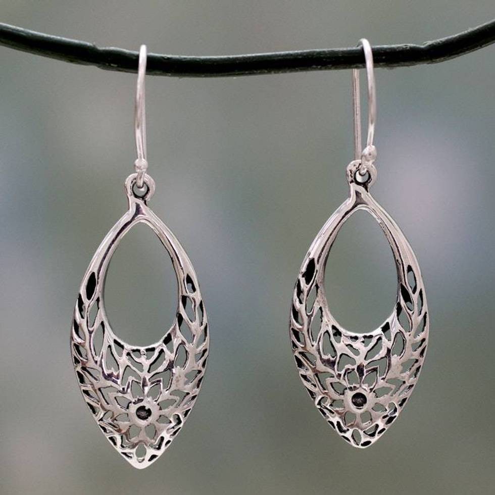 Sterling Silver Earrings from India with Flowers and Foliage 'Jali Blossoms'