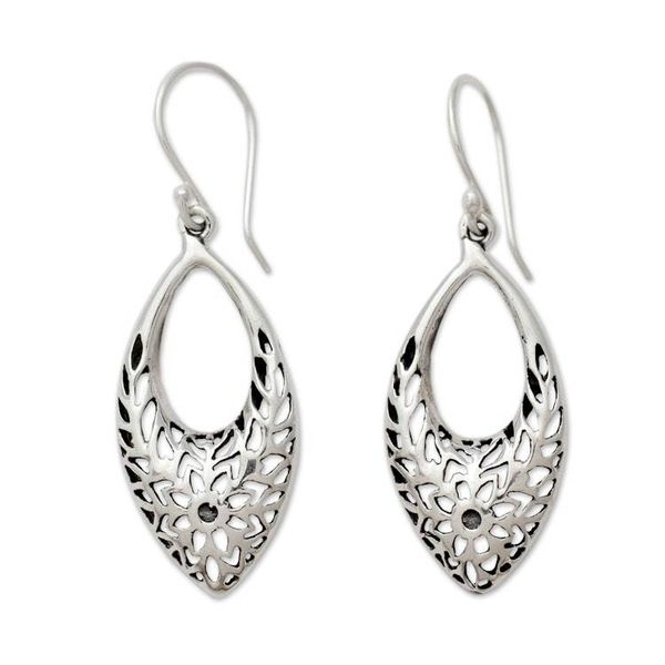 Alternate image for Sterling Silver Earrings from India with Flowers and Foliage Jali Blossoms