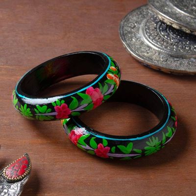 Alternate image for Spring-Patterned Weeping Willow Wood Bangle Pair in Black Twilight Blooms