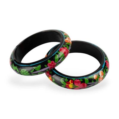 Alternate image for Spring-Patterned Weeping Willow Wood Bangle Pair in Black Twilight Blooms