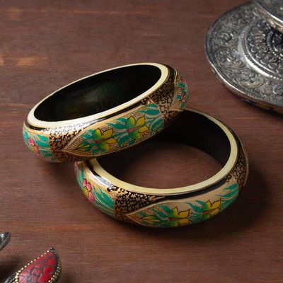 Alternate image for Golden and Black Floral Weeping Willow Wood Bangle Pair Golden Duchess