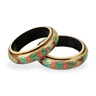 Alternate image for Golden and Black Floral Weeping Willow Wood Bangle Pair Golden Duchess