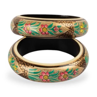 Alternate image for Golden and Black Floral Weeping Willow Wood Bangle Pair Golden Duchess