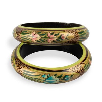 Alternate image for Hand-Painted Green and Golden Wood Bangle Bracelet Pair Golden Marchioness