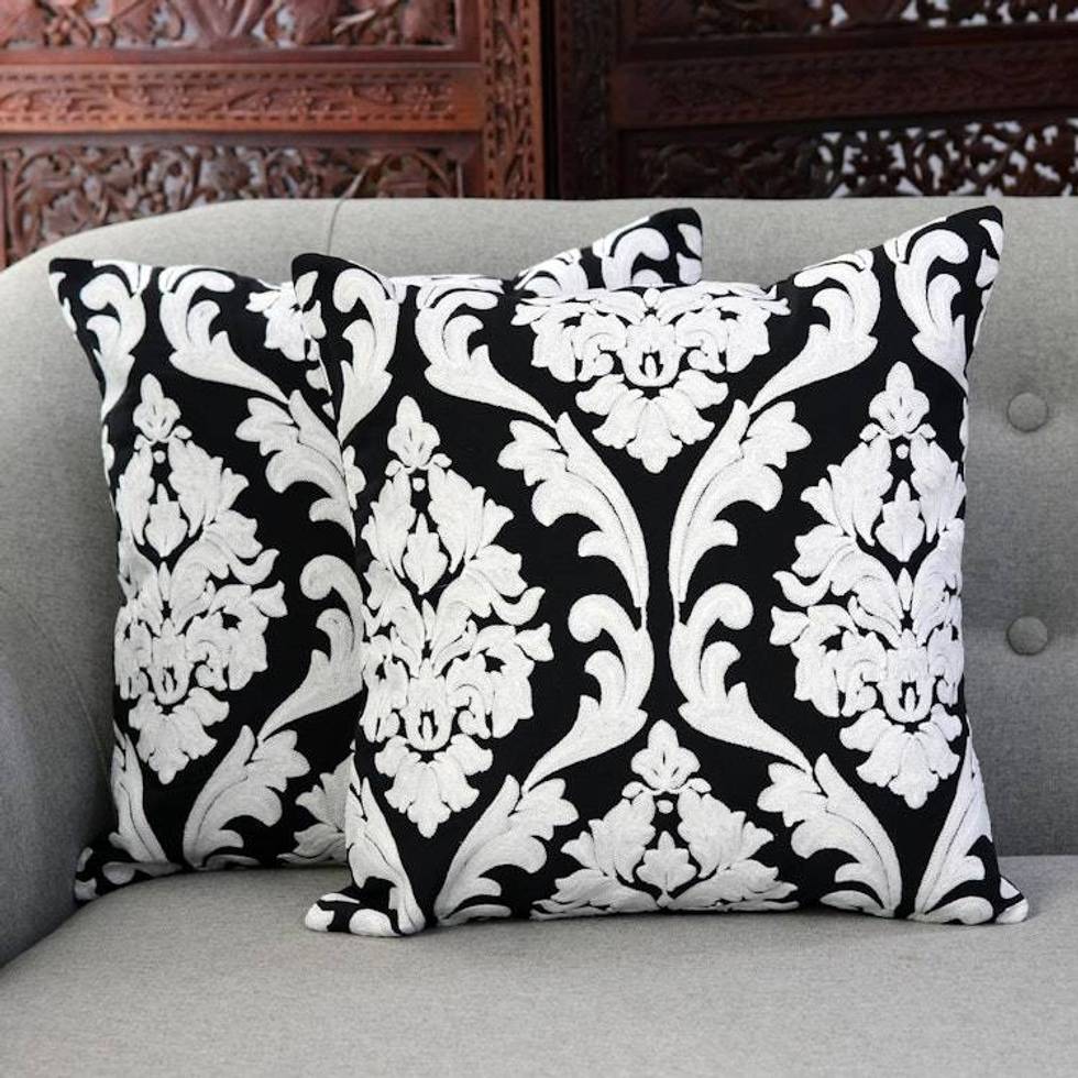 Vine Pattern Embroidered Cotton Cushion Covers Pair 'Glorious Midnight'