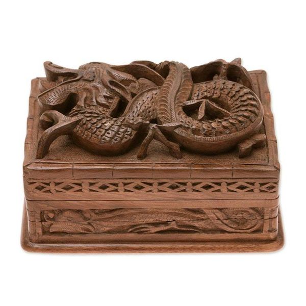 Alternate image for Hand Carved Wood Jewelry Box from India Lucky Dragon