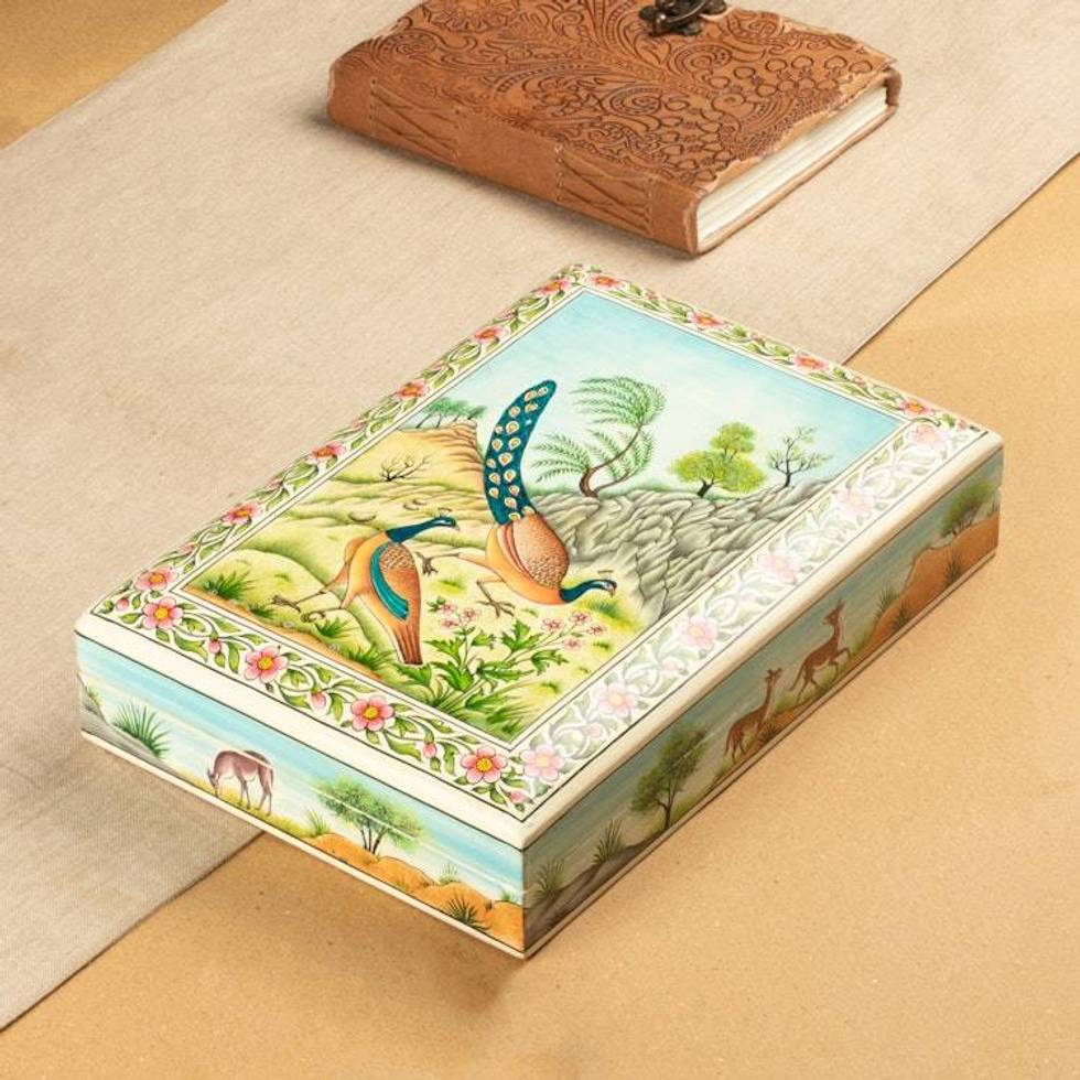 Hand-Painted Jewelry Box from India 'Jungle Muse'