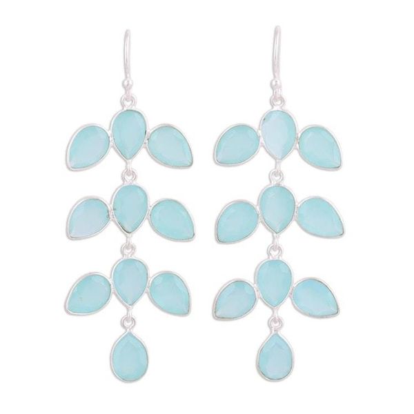 Alternate image for Long Aqua Blue Chalcedony Chandelier Earrings Leaf Cascade