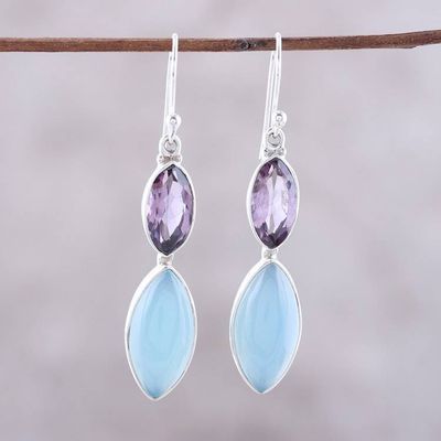 Alternate image for Sterling Silver Blue Chalcedony Amethyst Dangle Earrings Luxurious Glow