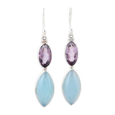 Alternate image for Sterling Silver Blue Chalcedony Amethyst Dangle Earrings Luxurious Glow