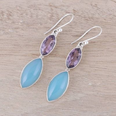 Alternate image for Sterling Silver Blue Chalcedony Amethyst Dangle Earrings Luxurious Glow