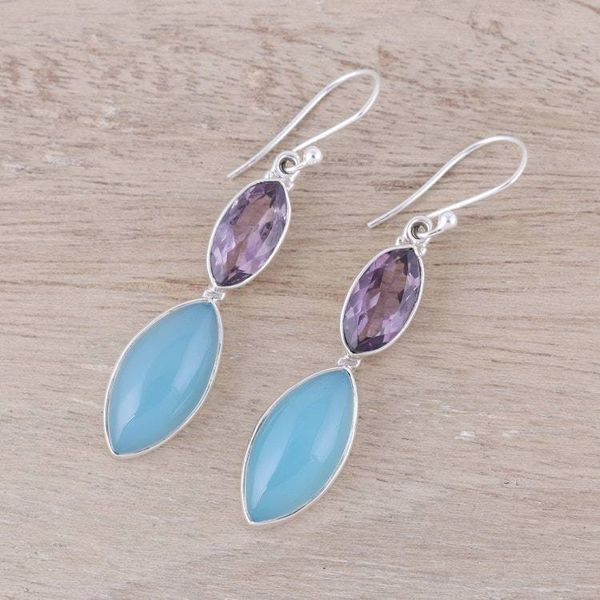 Alternate image for Sterling Silver Blue Chalcedony Amethyst Dangle Earrings Luxurious Glow