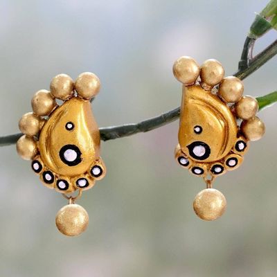 Primary image for Hand Painted Golden Ceramic Earrings in Paisley Shape Golden Paisley Glamour