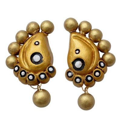 Alternate image for Hand Painted Golden Ceramic Earrings in Paisley Shape Golden Paisley Glamour
