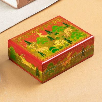 Alternate image for Hand-Painted Wood Papier Mache Decorative Box from India Red Wild Landscape