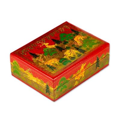 Alternate image for Hand-Painted Wood Papier Mache Decorative Box from India Red Wild Landscape