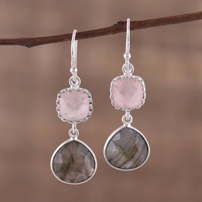 Alternate image for Labradorite and Rose Quartz Silver Dangle Earrings Rosy Dusk